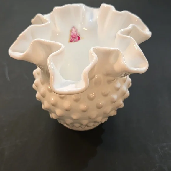 VTG Fenton White Hobnail Milk Glass Round Vase With Crimped Ruffled Edges 4 1/4" - Picture 2 of 9